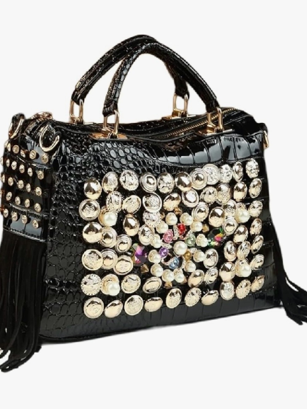 Black Embellished Croc-Effect Satchel Bag